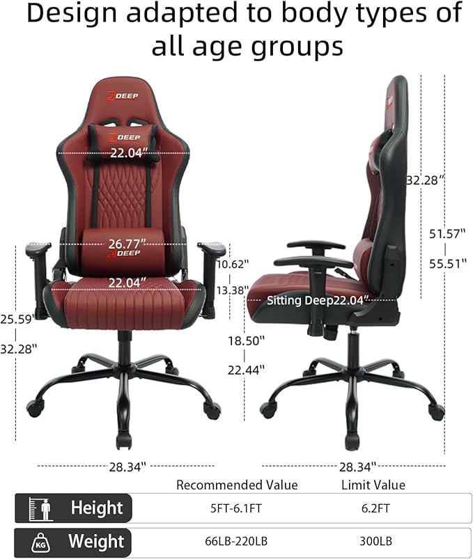 Video Game Chair Ergonomic Comfortable Gaming Office Chair Height-Adjustable with a 360° Swivel Base and Headrest(1002-Red)