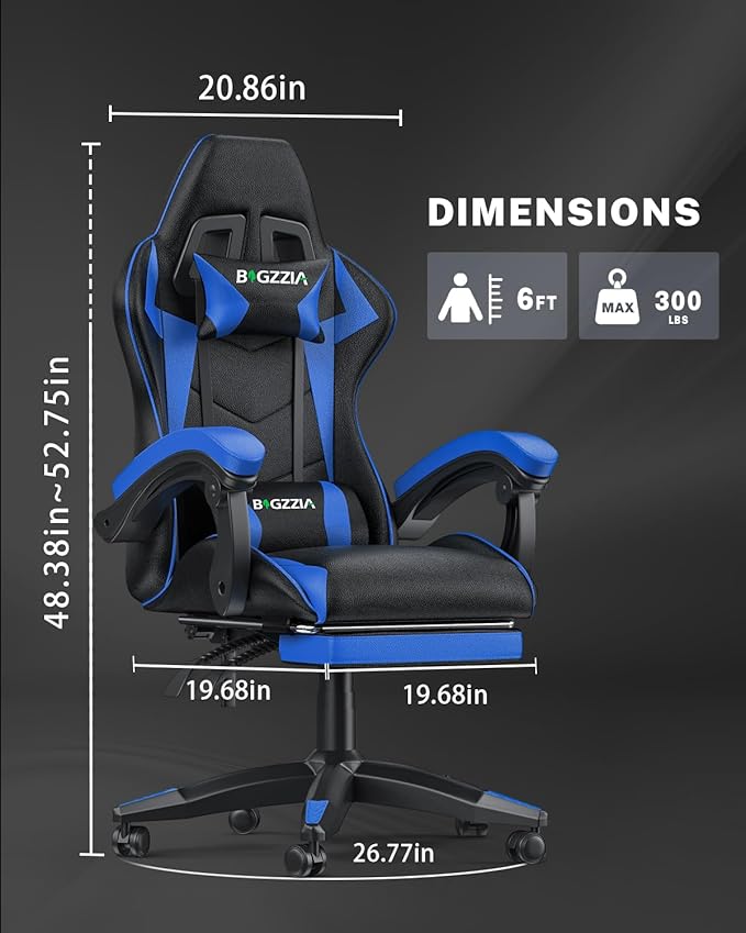 Gaming Chair with Footrest High Back Ergonomic Computer Gamer Chair with Headrest and Lumbar Support Racing Style Reclining Game Chair for Adults Kids (Blue-Black)