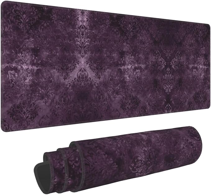 Eggplant Velvet Damask Plum Purple Floral Large Mouse Pad 31.5x12 Inch Gaming Desk Mat XXL Non-Slip Rubber Base Computer Pad with Durable Stitched Edges for Work and Play