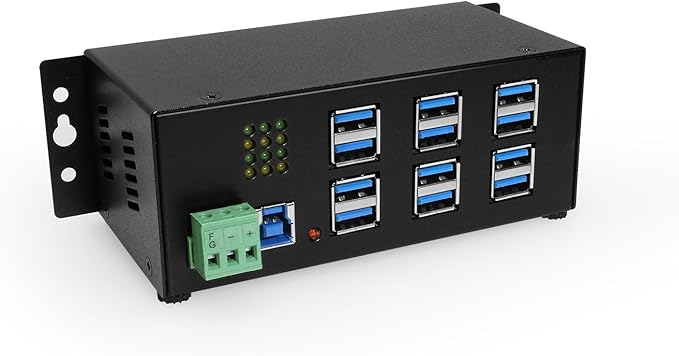 Coolgear Industrial 12-Port USB 3.2 Gen 1 Hub with Status LEDs | Rugged Metal Chassis | 5Gbps Data | Wall &amp DIN-Rail Mounting