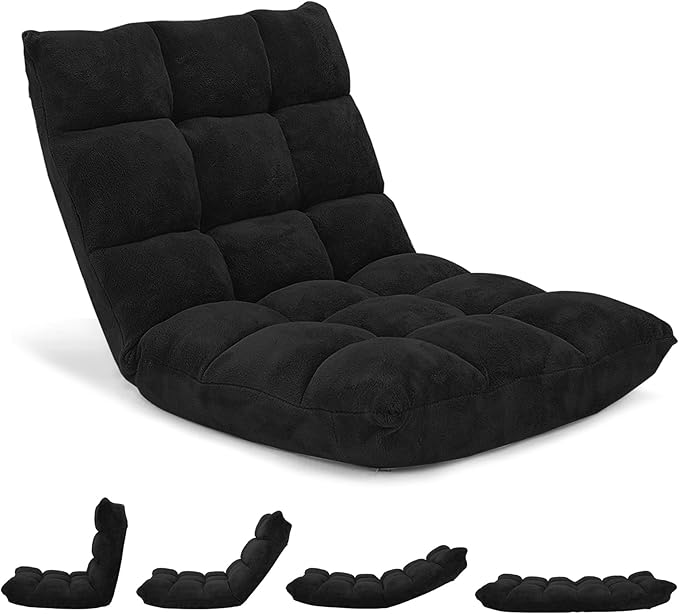 Byroce Folding Floor Gaming Chair 14-Position Adjustable Lazy Padded Sleeper Sofa Bed with Back Support Couch Recliner Floor Chair for Meditation Reading in Bedroom Living Room (Black)