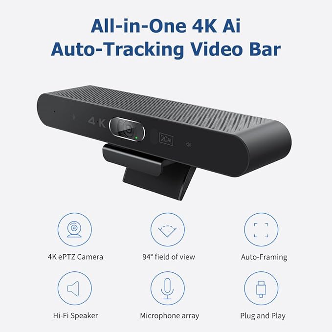Conference Room Camera All-in-One 4K Webcam with Microphone and Speaker AI Tracking and Auto Framing Wide Angle of View Plug and Play USB Webcam for PC Mac Meetings Teams Zoom &amp Webex
