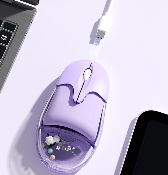 Cute Clear Aqua Mice RechargeableBluetooth &amp2.4G WirelessLed LightsGreat Gift for Kids Girls Women (Liquid Water &amp Panda Design)-Purple