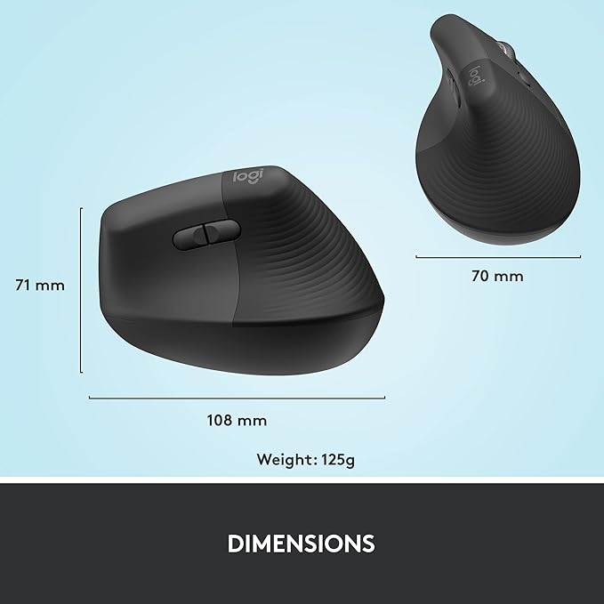 Logitech Lift Vertical Ergonomic Mouse Wireless Bluetooth or Logi Bolt USB Receiver Quiet clicks 4 Buttons Compatible with Windows/macOS/iPadOS Laptop PC - Graphite (Renewed)