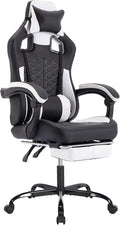 Black Gaming Chairs with Footrest PVC Leather Video Game Chair for Adults Ergonomic Gaming Chair with Headrest &amp Lumbar Support Reclining Gamer Chairs with Adjustable Backrest (Black+White)