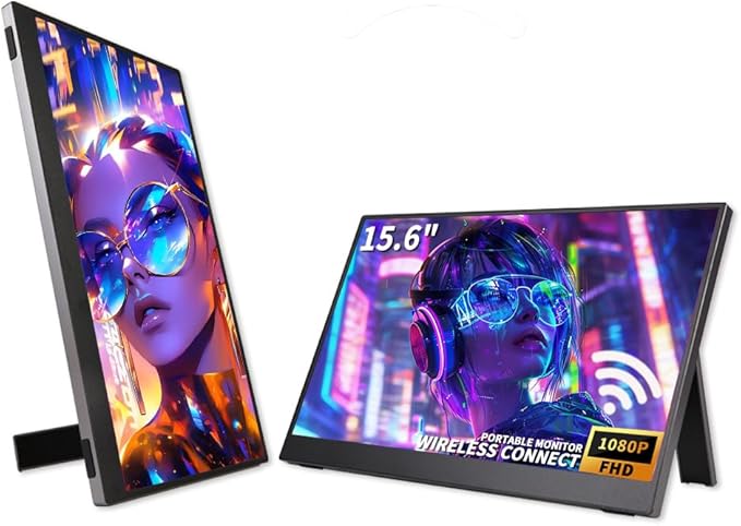 QQU 15.6 Inch Wireless Portable Monitor WiFi Connect HDR Eye Careful Gaming Monitor FHD IPS/HDR Computer Screen Extender with Built-in Speakers Compatible with Laptop PC Phone PS4/PS5 Switch