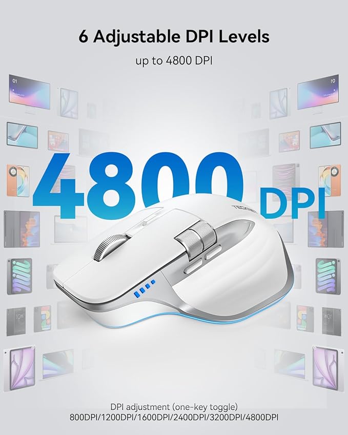 TECKNET Wireless Mouse Bluetooth Mouse (BT5.3/5.0 &amp 2.4G) Rechargeable Ergonomic Optical Mouse with 6 Adjustable DPI Side Scroll Quiet Clicks USB A Receiver 7 Buttons Wide Compatibility - Wh