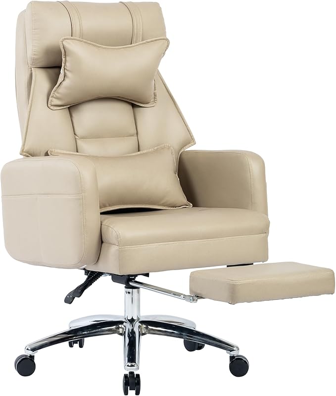 Video Game Desk ChairSwivel Ergonomic Office Chairwith Footrest and Comfy Lumbar SupportPU Leather Recliner with HeadrestFixed Up ArmrestHeight Adjustable with 360°Swivelfor Adults (Beige)