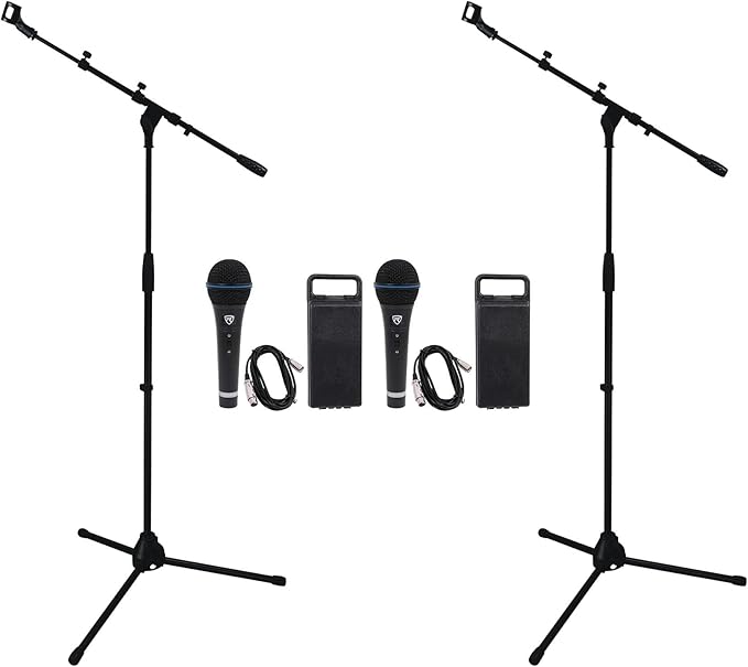 Rockville RMM-XLR Bundle: (2) Dynamic Cardioid Metal Microphones with 10' XLR Cables (2) RVMIC1 V2 Pro Tripod Microphone Stands with Telescopic Boom Metal Joints 4-items