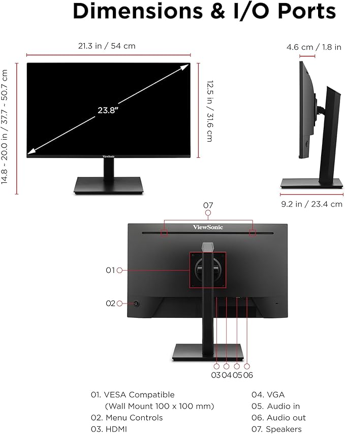 Viewsonic VA2448-MHJ 24 Inch Full HD 1080p IPS Monitor with 120Hz Advanced Ergonomics Eye Care HDMI and VGA Inputs for Home and Office