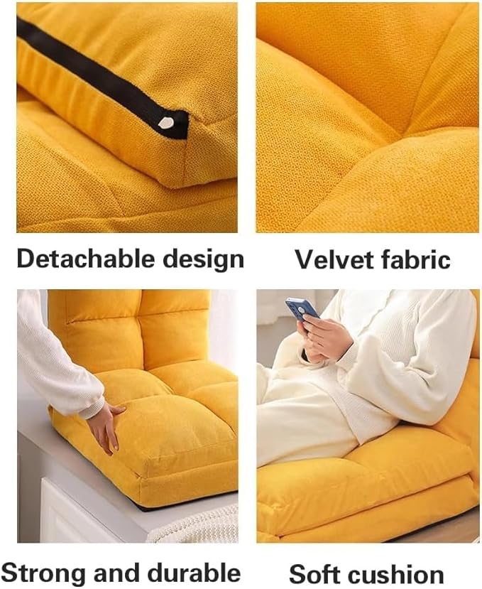 ELEFOCUS Adjustable 5-Position Folding Sofa Chair Padded Lazy Floor Recliner Bed for Gaming - Yellow Linen Lounge Sleeper Seat(Green)