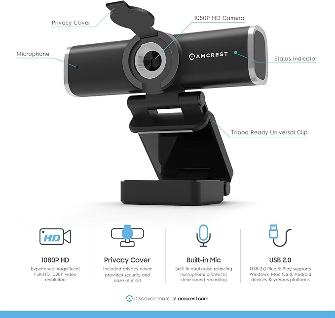 Amcrest 1080P Webcam with Microphone for Desktop Web Cam Computer Camera Streaming HD USB Web Camera for Laptop &amp PC with Privacy Cover Wide Angle Lens Superior Low Light (AWC195-B)