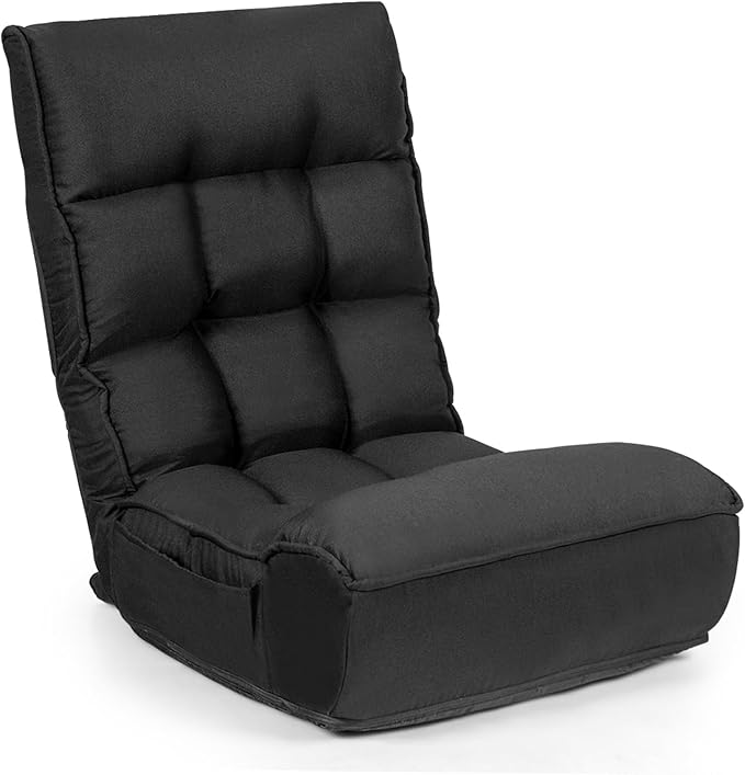 KOMFOTT Folding Floor Chair for Adults Floor Gaming Chair with 5-Position Adjustable Headrest &amp 4-Position Adjustable Backrest Side Pocket Floor Seating Lazy Sofa for Reading Meditating Black
