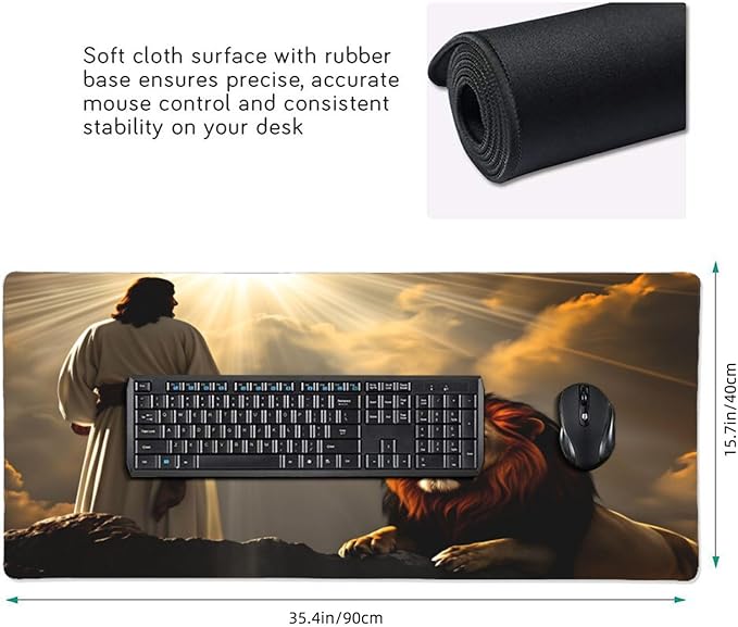 XXL Gaming Mouse Pad Extended (35.5X16) Lion Christianity Large Non-Slip Desk Mat Water-Resistant Keyboard Mousepad for Office &amp Home
