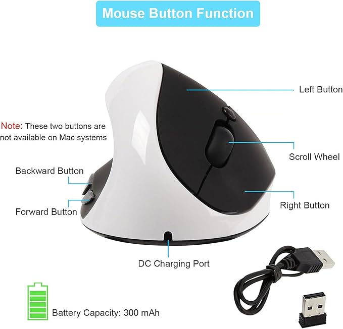 CHUYI Left-Handed Mouse Ergonomic Vertical Rechargeable Wireless Mouse 6 Buttons Optical and Portable Wireless Office Mice with USB Receiver for PC Computer Laptop (Black &amp White)