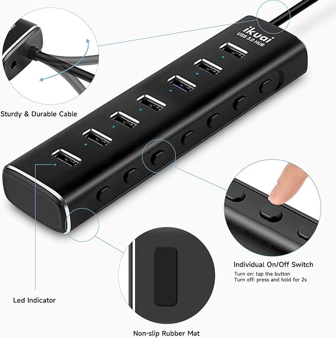 Powered USB 3.0 /USB C Hub ikuai Aluminium 7-Port USB Hub Splitter with AC Adapter LED Individual On/Off Switches and 3.3ft Extended Long Cable for Laptop Mac PC Flash Drive Mobile HDD