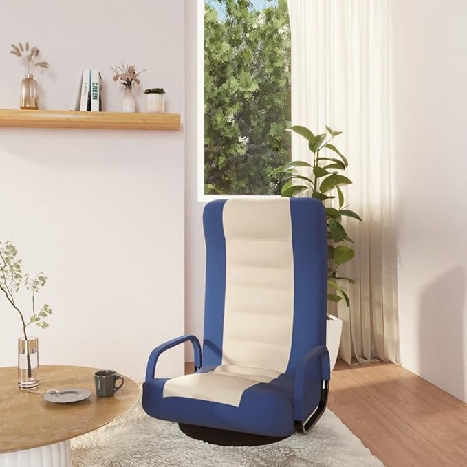 YAFF Foldable Gaming Floor Chair with Armrests 360° Swivel Adjustable Fabric Lounge Chair Comfortable Foam Padded Floor Seat for Adults Living Room Bedroom Easy Storage – Blue and Cream