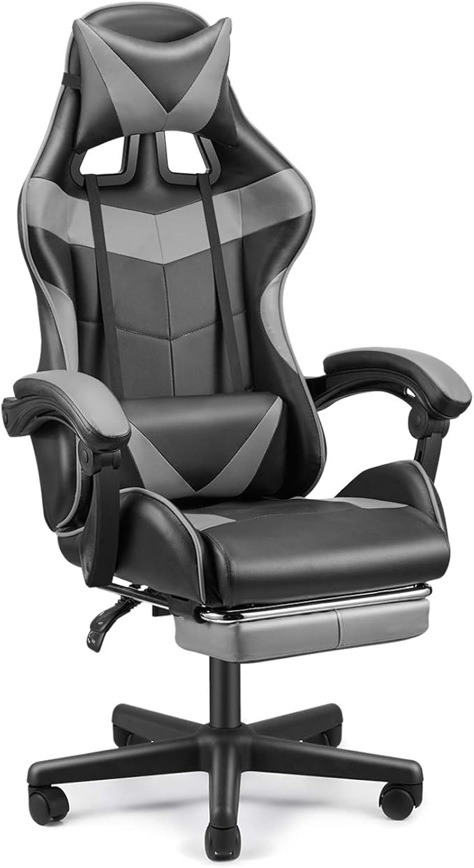 Huracan Gaming Computer Chair with Footrest Adjustable Video Game Chairs for Adults Heavy Duty Office Chair with Headrest and Lumbar Support Grey