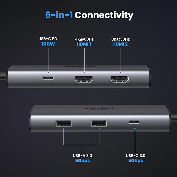 UGREEN Docking Station Revodok 206 USB C Hub (6-in-1) with Dual 4K@60Hz Single 8K@30Hz 100W Power Delivery 3X 5Gbps USB Data Ports USB-C Dock for Thinkpad HP Dell Laptops and More