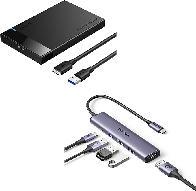 UGREEN 2.5 Hard Drive Enclosure USB 3.0 to SATA III Adapter Bundle with UGREEN Revodok 105 USB C Hub 5 in 1 Multiport Adapter