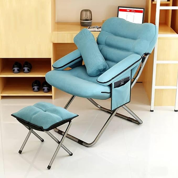YCKEGEW Lazy Chair IndoorLounge Chair Living RoomFolding Armcharir with Footrests and PillowUpholstered Recliner SleeperReading Gaming Chair (Color : Blue)