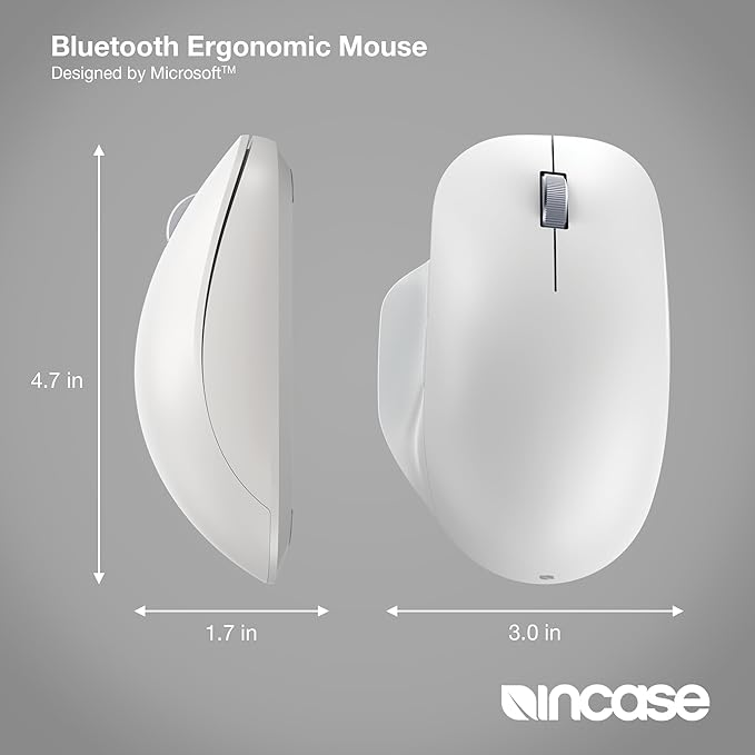 Incase Bluetooth Ergonomic Mouse – Designed by Microsoft – Two Thumb Buttons Easy to Grip Thumb Rest Precision Tracking Connects 3 Devices 15 Month Battery Life PCs/Laptops (Glacier)