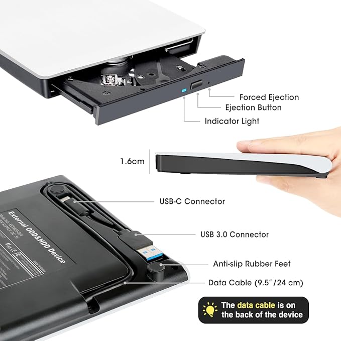 ROOFULL External CD DVD Drive for Mac Laptop USB 3.0 &amp USB-C Portable CD Reader Writer Burner DVD Player ROM+/-RW Disc Drive with Carrying Case for Apple MacBook Windows 11 PC Computer White