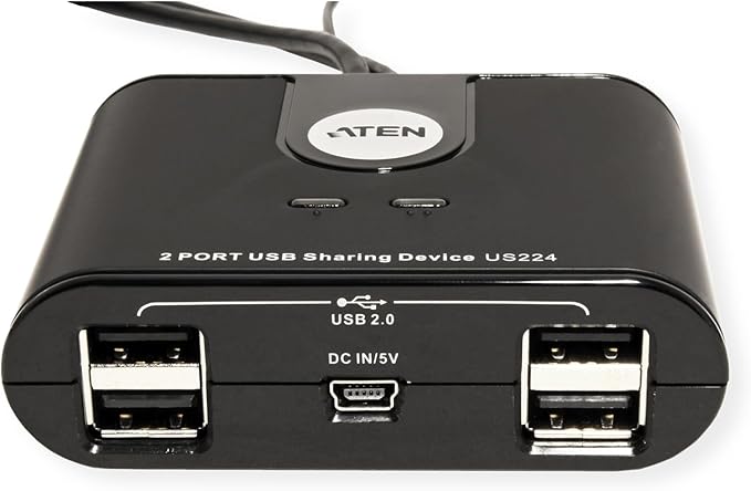 ATEN US224 2 x 4 USB 2.0 Peripheral Sharing USB Switch 2 Computers Share 4 Devices Simple Remote Port Selector Included Supports Optional USB Power Adapter - Windows Mac Linux