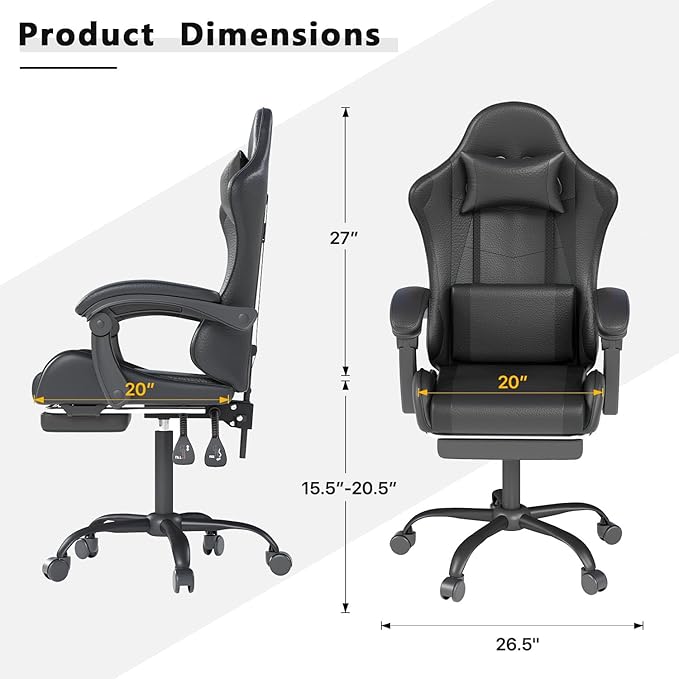 Gaming Chair with Headrest and Lumbar Support Ergonomic High Back Office Chair Racing Style Executive Computer Desk Chair Leather Adjustable Swivel Task Chair for Home Office (Black)