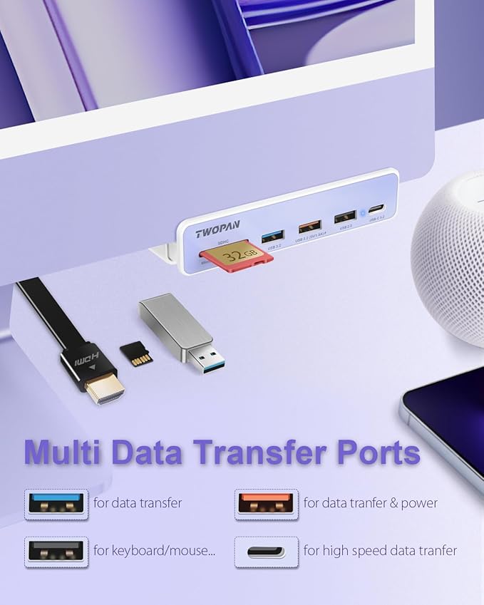 USB C Hub Multiport Adapter for iMac M4/M3/M1 7-in-1 iMac 2024/2023 Docking Station - 4K HDMI USB 3.2 Ports SD/Micro SD Card Reader 7 Color Panels