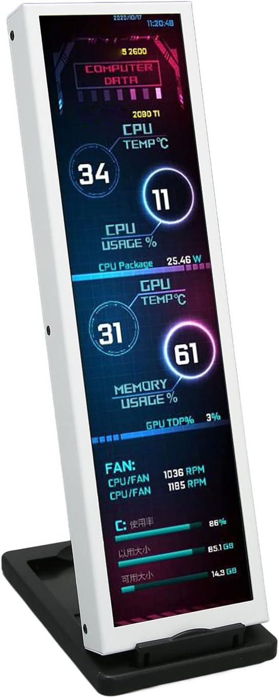 8.8 Inch USB Mini Screen 1920x480 for aida64 PC CPU HDD Data Monitor Computer Temperature Display Mini Secondary Screen PC Temp Monitor Chassis Screen White