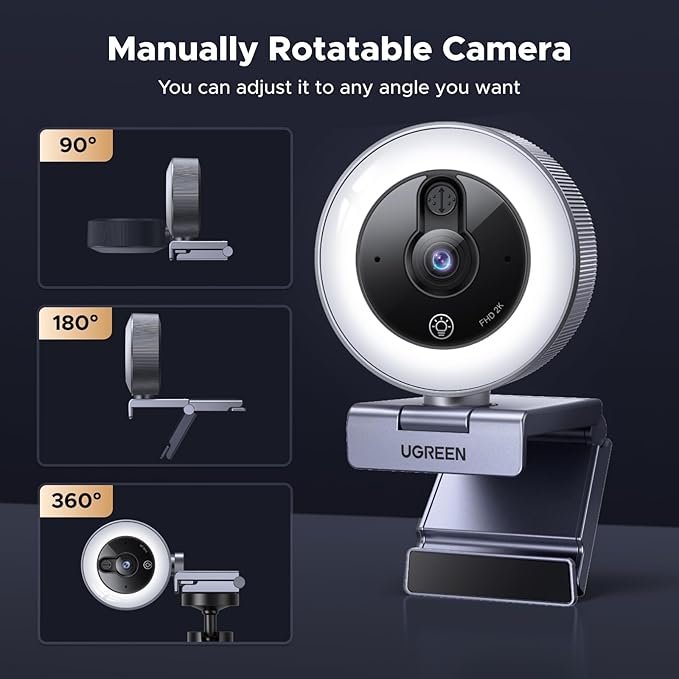 UGREEN 2K Webcam with 4-Level Ring Light Full HD Webcam for PC with Microphone Privacy Cover USB Web Camera Compatible with Switch 2 Streaming Conference Zoom Teams Computer/Laptop/MacBook