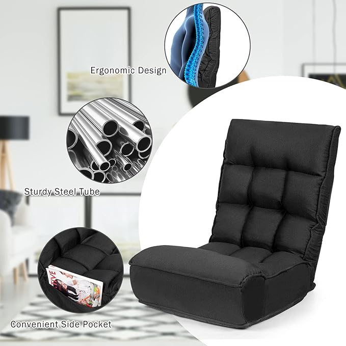DORTALA Foldable Floor Chair for Adults Memory Foam Gaming Chair w/ 5-Position Adjustable Head and Back Support Indoor Seat for Bedroom Living Room Gaming Room Black