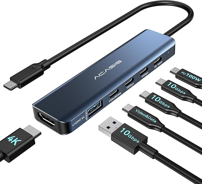 ACASIS USB C Splitter with 4K@60Hz Video Output USB C Hub 10Gbps with 1xHDMI 1xUSB C Video Output for Portable Monitor 3xUSB C 10Gbps100W PD Multiport Adapter Splitter for Dell/HP/Mac Pro/Samsung