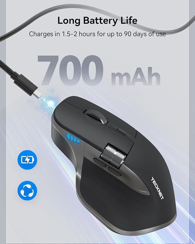 TECKNET Wireless Mouse Bluetooth Mouse (BT5.3/5.0 &amp 2.4G) Rechargeable Ergonomic Optical Mouse with 6 Adjustable DPI Side Scroll Quiet Clicks USB A Receiver 7 Buttons Wide Compatibility - Gr