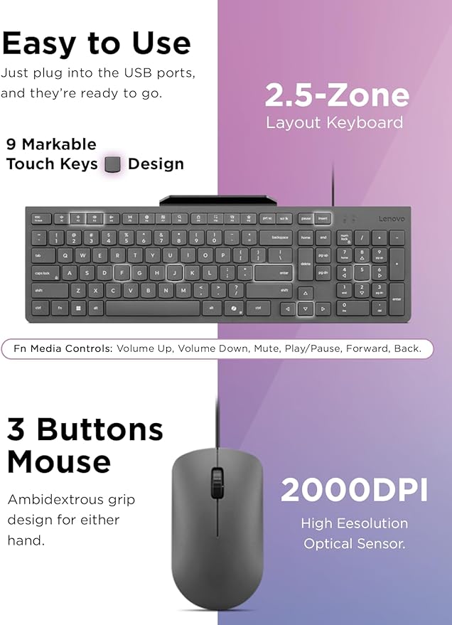 Lenovo 310 USB-A Wired Keyboard Mouse Combo Quiet Keys Ultra-Slim Gaming Design Spill-Resistant Integrated Phone Stand Compatible w Laptop PC Tablet – Ergonomic Mouse Mechanical Keyboard USB