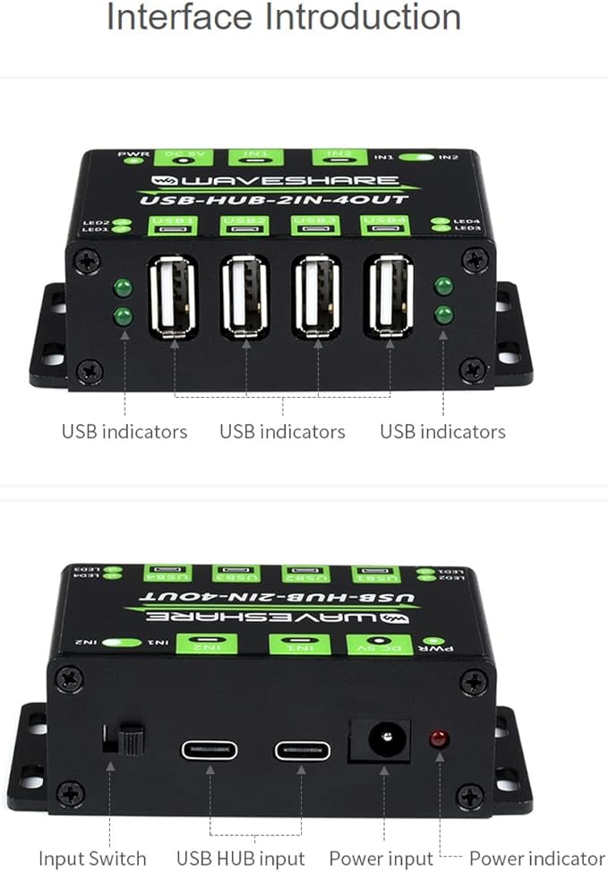 Waveshare Industrial Grade USB HUB Extending 4X USB 2.0 Ports Switchable Dual Hosts Sharing USB Devices for Two Hosts