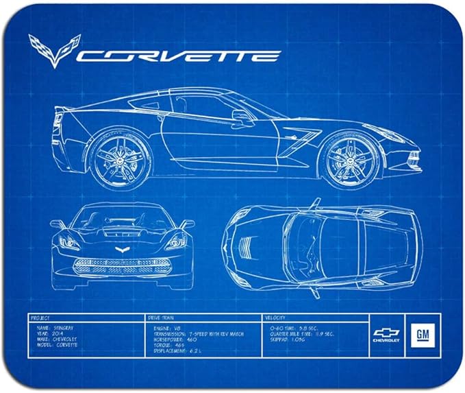 C7 Corvette Stingray Blueprint Mouse Pad - Non-Slip Desk Mat with Stable Rubber Base for Desktop - Officially Licensed by GM