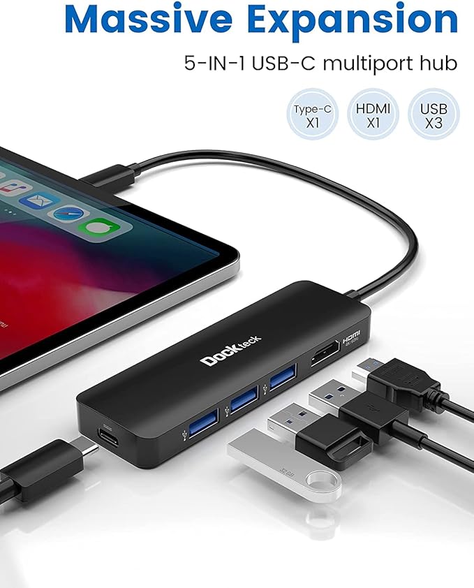 USB C HUB 4K 60Hz Dockteck USB-C Multiport Adapter 5-in-1 with 4K HDMI 100W Power Delivery 3 USB 3.0 Data Port for MacBook Pro/Air M1 2020 iPad Pro 2021 iPad Mini 6 Surface Pro and More