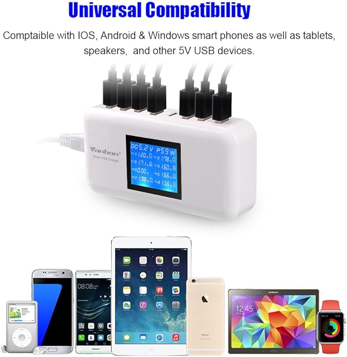 60W/12A 8-Port Desktop Charging Station Multiple USB Multi Port Travel Fast Wall Charger Hub with LCD for Smart Phones Tablet and More (White)