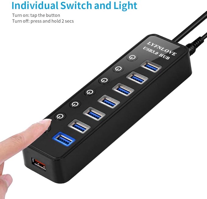 Powered USB Hub 3.0 Extender Multiple Port Hub Splitter for Laptop PC with Power Adapter and Charging Port USB Expander with On/Off Switches for MacBook iMac Surface Pro