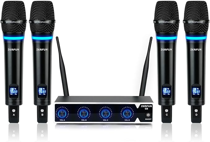 Pro Rechargeable Wireless Microphone System 4 Channel UHF Metal Handheld Wireless Microphones Cordless Mics with VOL Control 4x50 Adjustable Frequency for Karaoke Singing Church(G8)