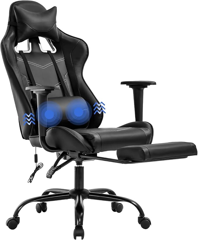 Massage Gaming Chair Gaming Chairs with Footrest Ergonomic PC Racing Office Chair with Lumbar Support Headrest Armrest Game Chair- Black Heavy Duty PU Leather Recliner for Adults Gamer (Black)