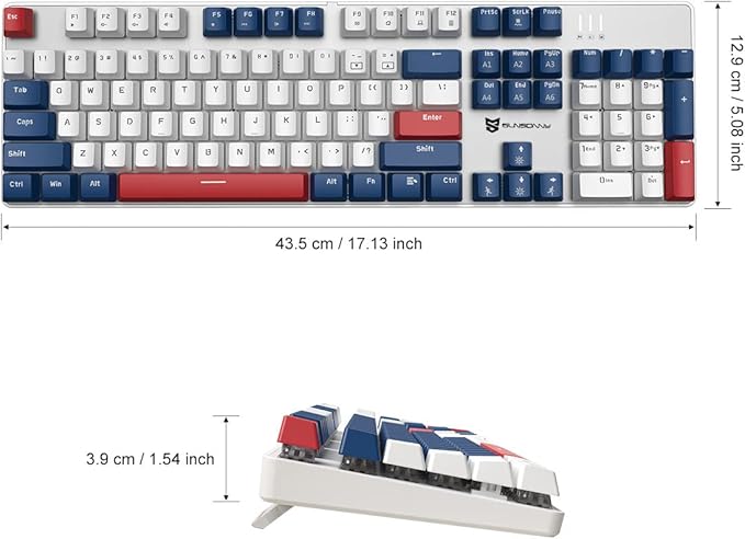 Qisan 104 Mechanical Keyboard for Gaming | Large Size USB White Backlit Gaming Keyboard Wired | US Layout Blue Switches Hot Swappable Mechanical Clicky Keyboards Compatible with PC &amp Laptop