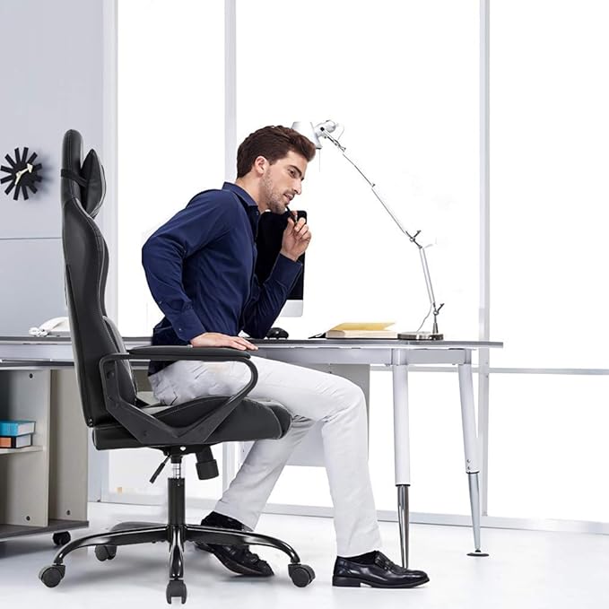 Gaming Chair with Lumbar Support High-Back Office Chair for Adults with Ergonomic Computer Racing Chair PU Desk Task Chair with Support Flip Up Arms Headrest Red
