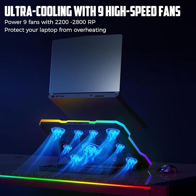 Storm Pro A21 Laptop Cooling Pad with 9 Fans (6×60mm + 4×85mm Up to 2400 RPM) RGB Lighting LCD Display Mobile Stand 9 Height Levels USB &amp Type-C Ports Fits Up to 17-Inch Laptops – Black