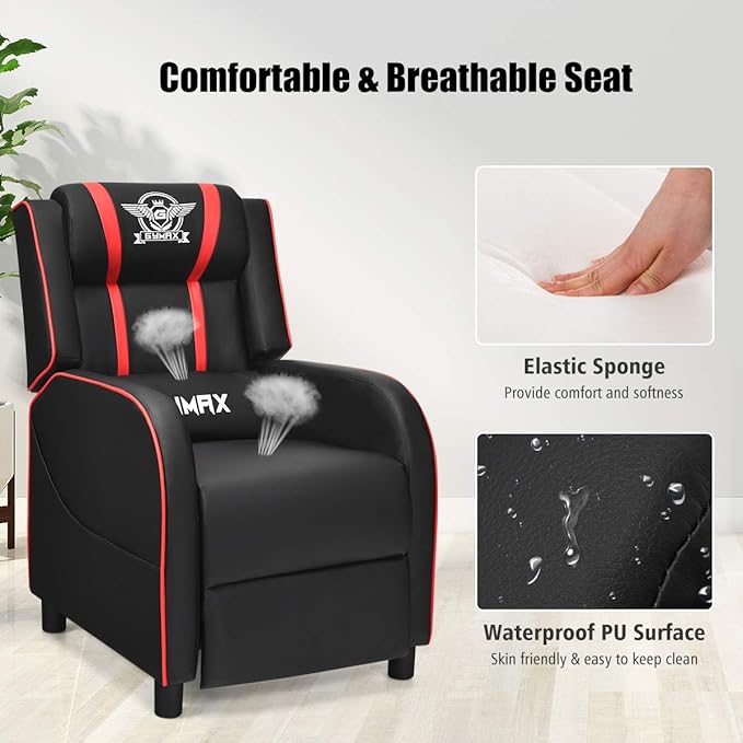 Gaming Recliner Movie Theater Chair w/Adjustable Backrest &amp Footrest Massage Lumbar Pillow Racing Single Sofa PU Leather Reclining Chair for Gaming Room Home Theater (Red)