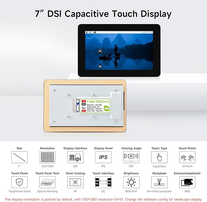 Waveshare 7inch DSI Capacitive Touch Display 720×1280 Pixels IPS Panel Optical Bonding Toughened Glass Panel 10-Point Touch Anti-Fingerprint Process Comes with Protective Case