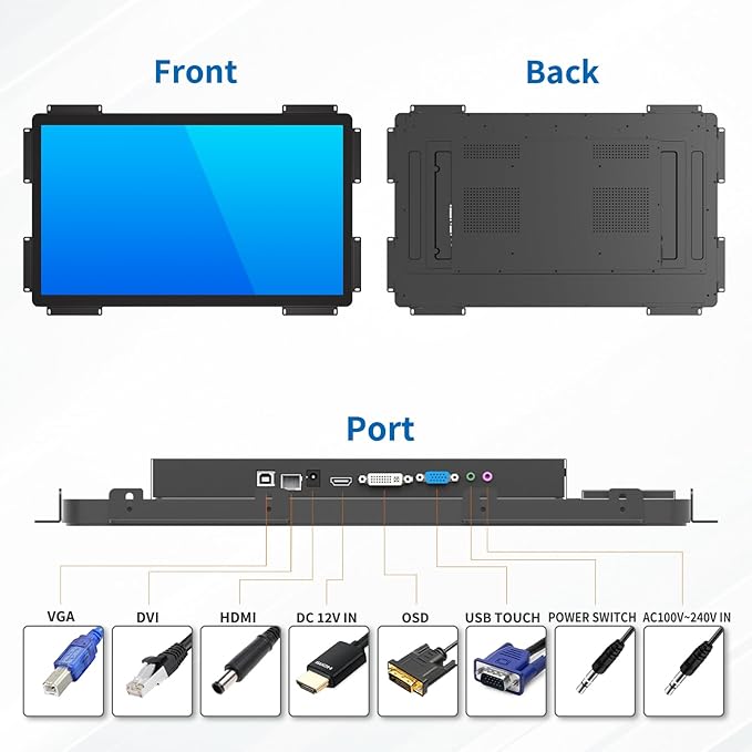 32 Inch Open Frame Touch Monitor PCAP 10-Point Touch Industrial Touchscreen Monitor with HDMI/VGA/DVI Interface Active Matrix TFT LCDLED Backlight with VESA Mount