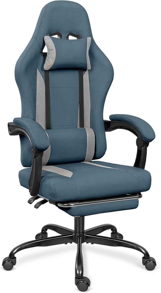 Breathable Fabric Gaming Chair with Footrest Height Adjustable Game Chair Video Gaming Chair for Gaming Room Living Room and Office - Blue/Light Grey